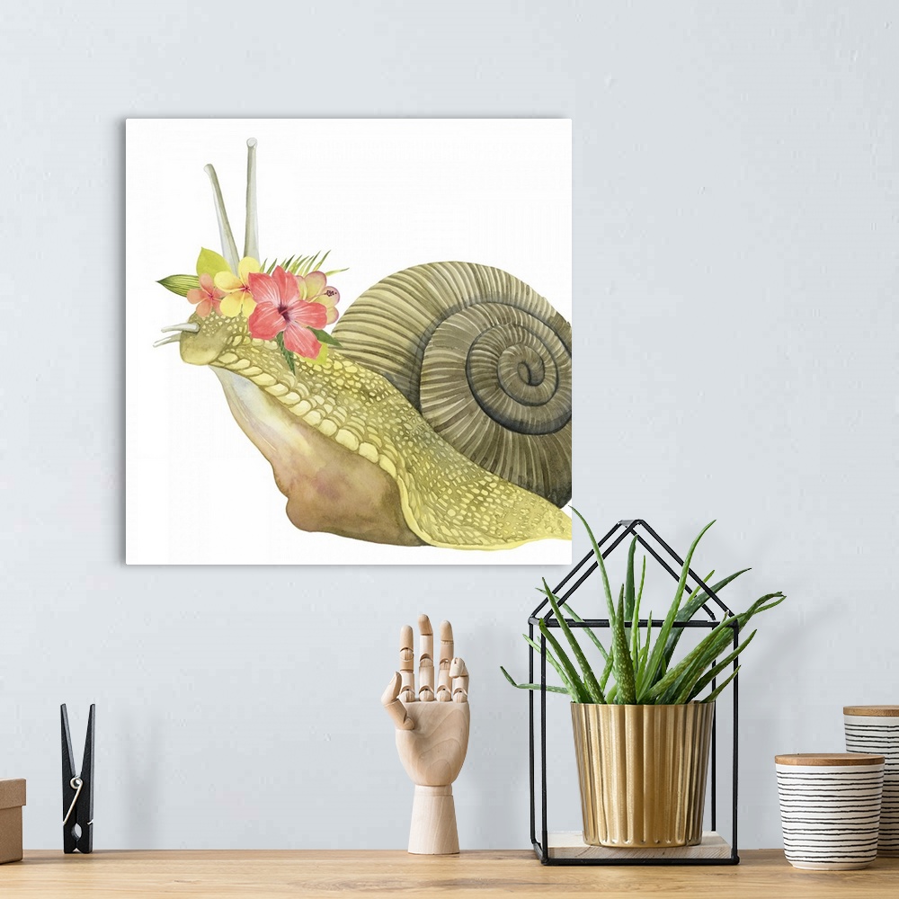 A bohemian room featuring This decorative artwork features an adorable snail over a white background with a tropical flower...