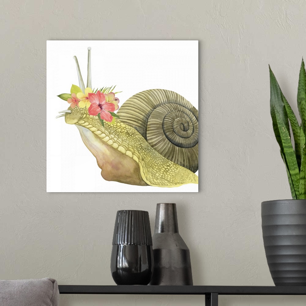 A modern room featuring This decorative artwork features an adorable snail over a white background with a tropical flower...