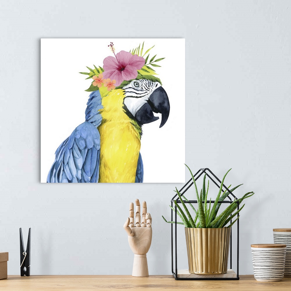 A bohemian room featuring This decorative artwork features an adorable parrot over a white background with a tropical flowe...