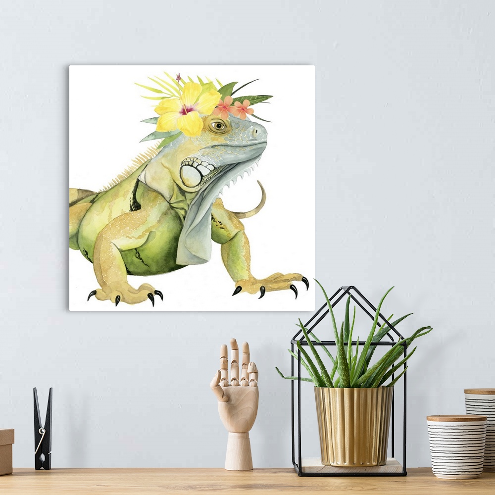 A bohemian room featuring This decorative artwork features an adorable iguana over a white background with a tropical flowe...