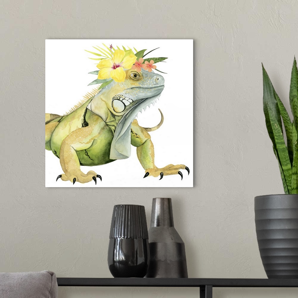 A modern room featuring This decorative artwork features an adorable iguana over a white background with a tropical flowe...