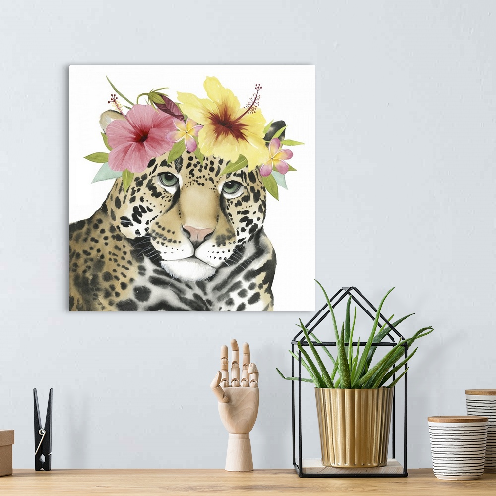 A bohemian room featuring This decorative artwork features an adorable leopard over a white background with a tropical flow...