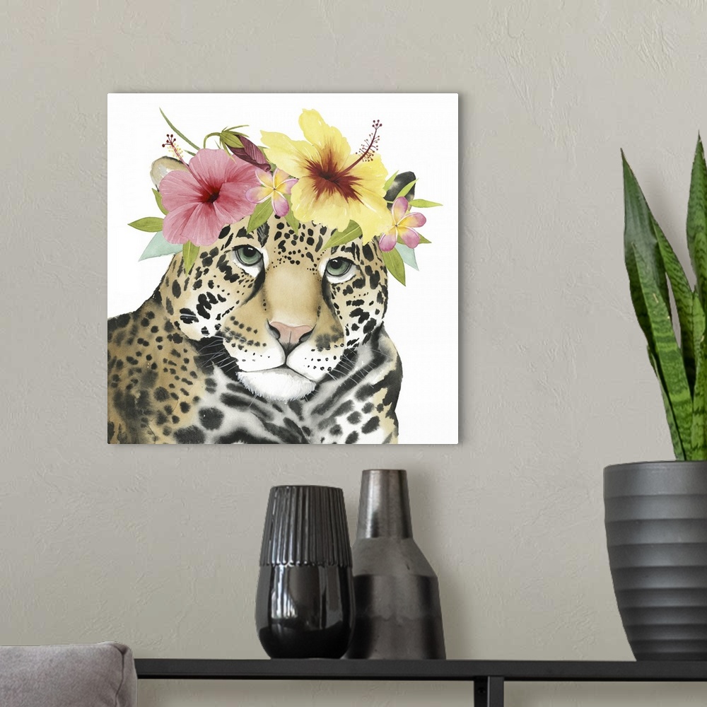 A modern room featuring This decorative artwork features an adorable leopard over a white background with a tropical flow...