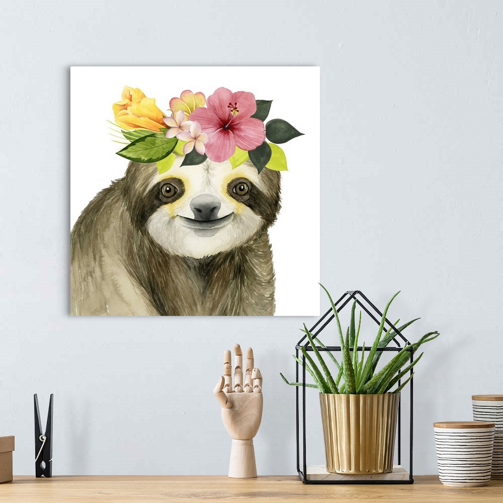 A bohemian room featuring This decorative artwork features an adorable sloth over a white background with a tropical flower...