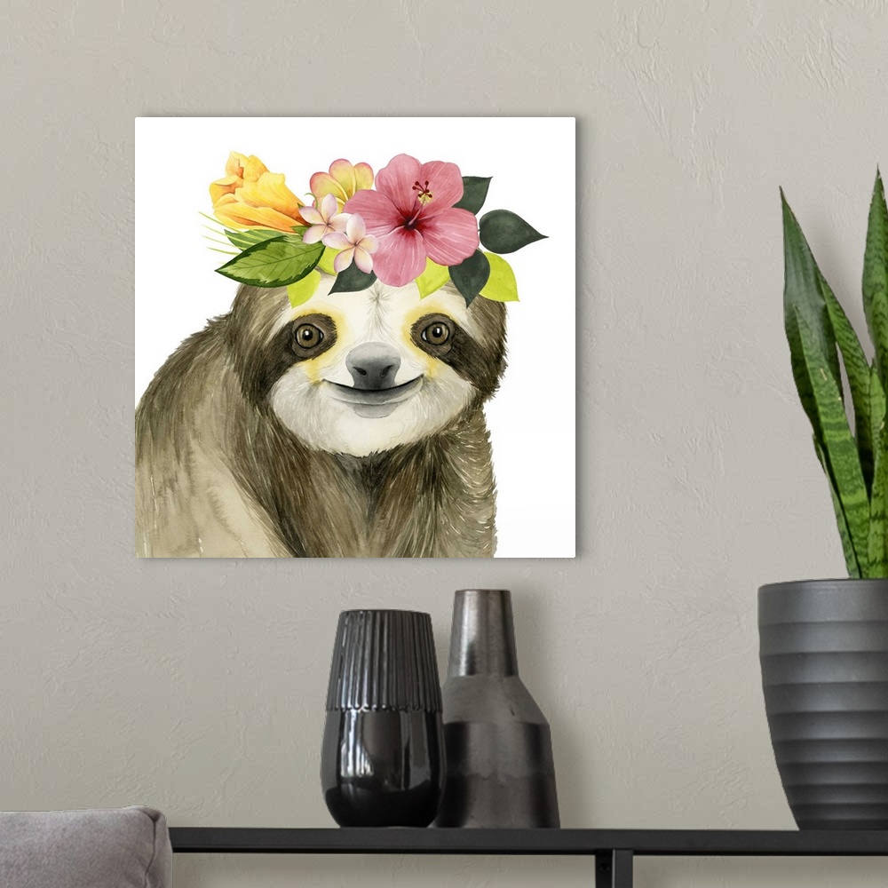 A modern room featuring This decorative artwork features an adorable sloth over a white background with a tropical flower...