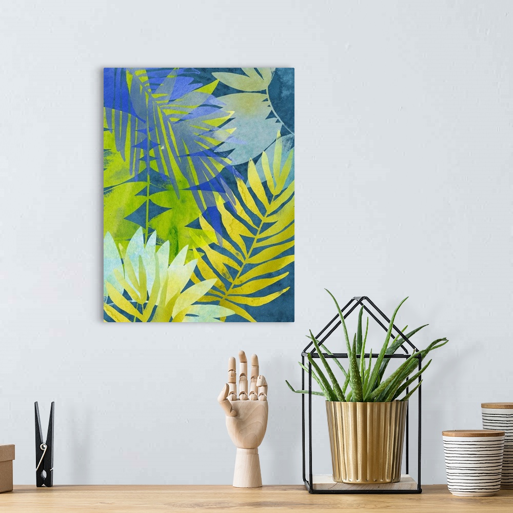 A bohemian room featuring Tropical palm leaf motif in blue, green, and yellow.