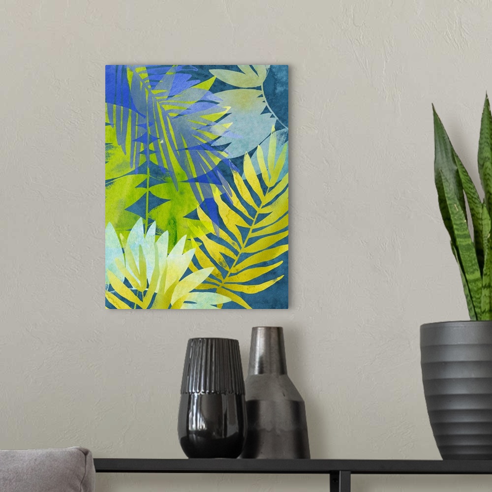 A modern room featuring Tropical palm leaf motif in blue, green, and yellow.