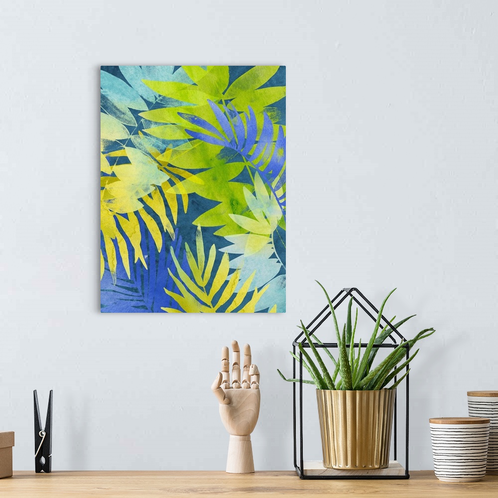 A bohemian room featuring Tropical palm leaf motif in blue, green, and yellow.