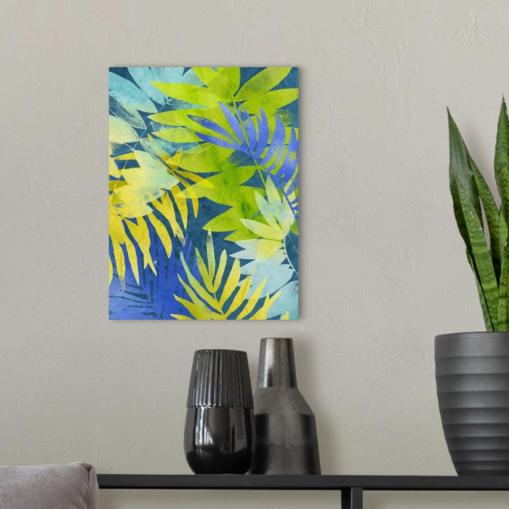 A modern room featuring Tropical palm leaf motif in blue, green, and yellow.
