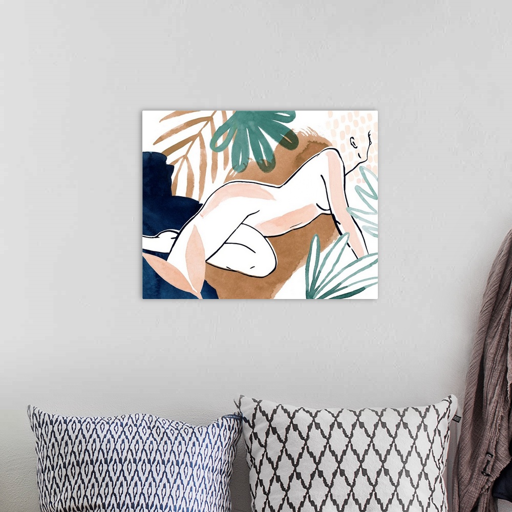A bohemian room featuring Contemporary outline of an abstracted female figure with tropical foliage in the background and f...