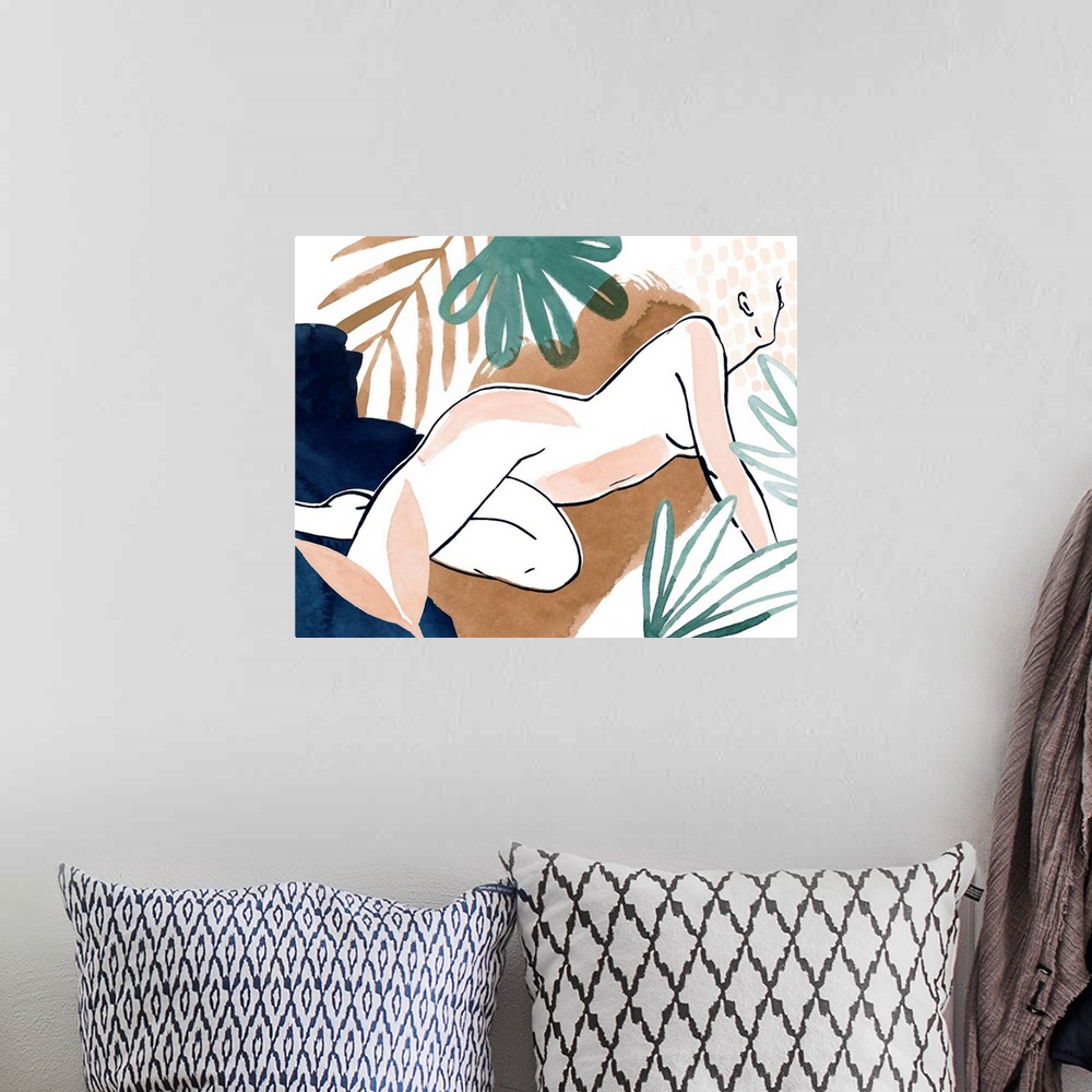 A bohemian room featuring Contemporary outline of an abstracted female figure with tropical foliage in the background and f...