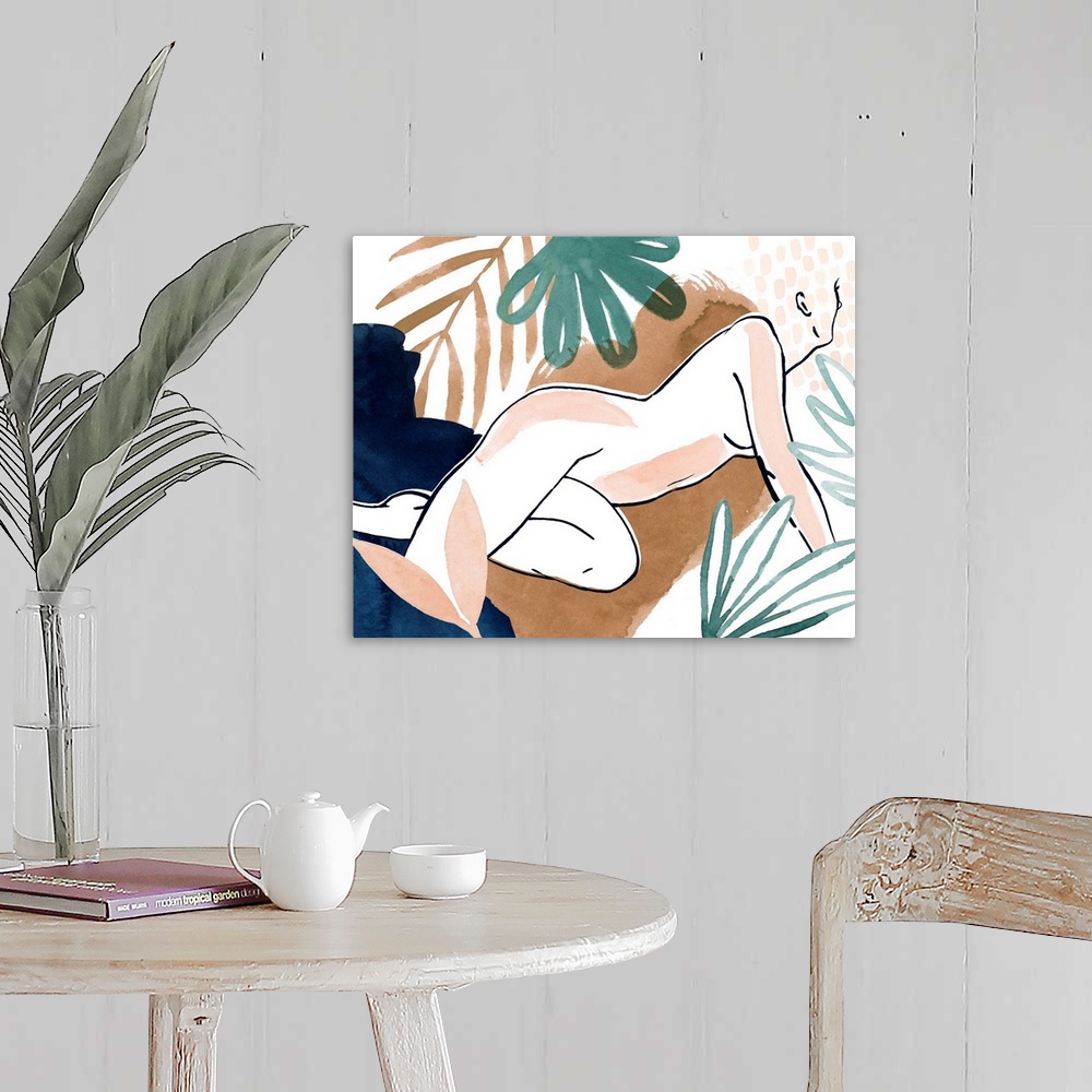 A farmhouse room featuring Contemporary outline of an abstracted female figure with tropical foliage in the background and f...