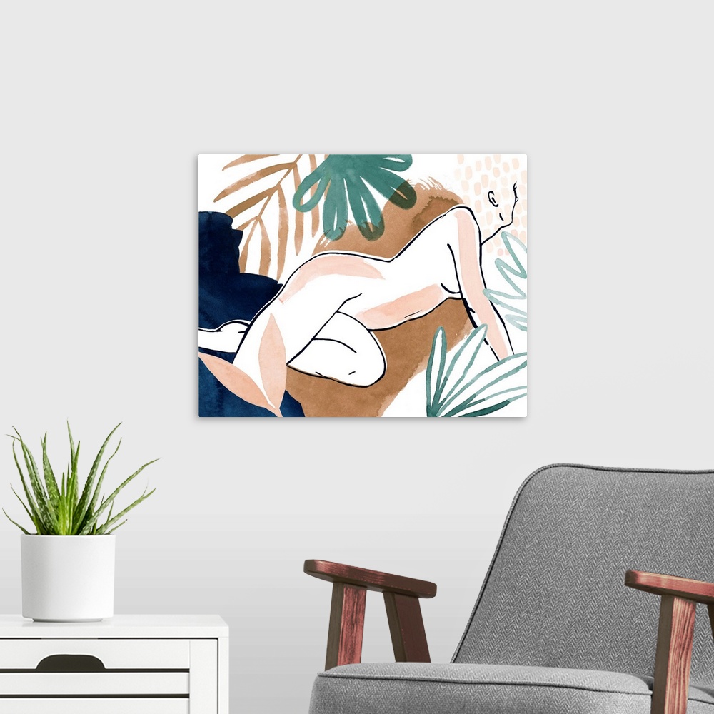 A modern room featuring Contemporary outline of an abstracted female figure with tropical foliage in the background and f...
