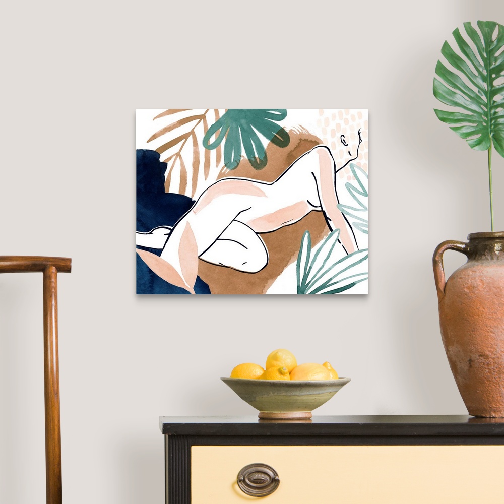 A traditional room featuring Contemporary outline of an abstracted female figure with tropical foliage in the background and f...