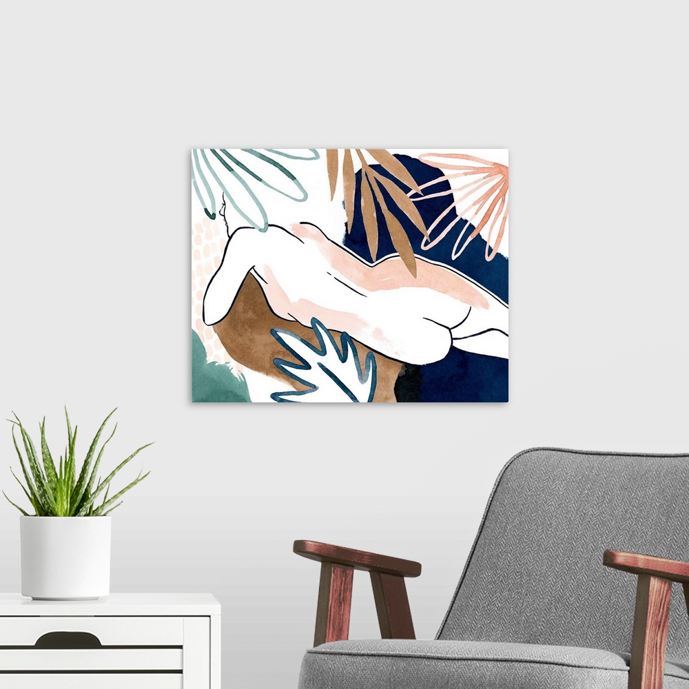 A modern room featuring Contemporary outline of an abstracted female figure with tropical foliage in the background and f...