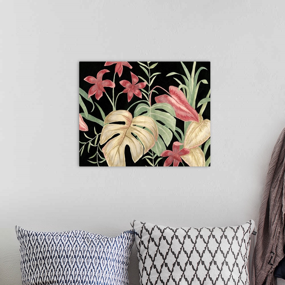 A bohemian room featuring Tropical Leaves On Black V