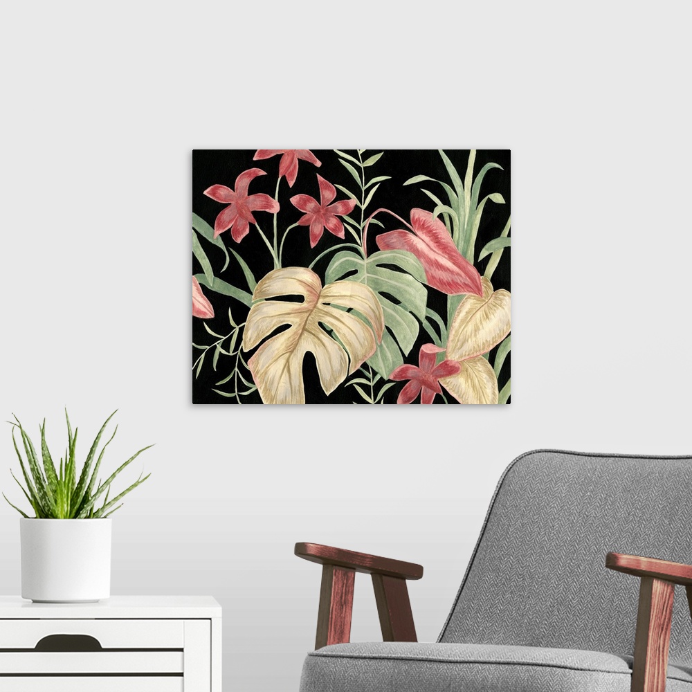 A modern room featuring Tropical Leaves On Black V