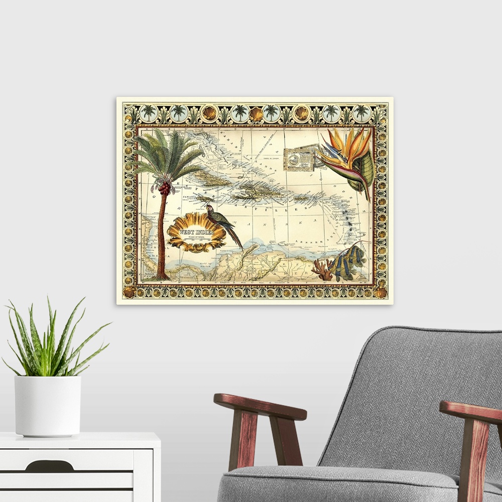 A modern room featuring Tropical Map of West Indies