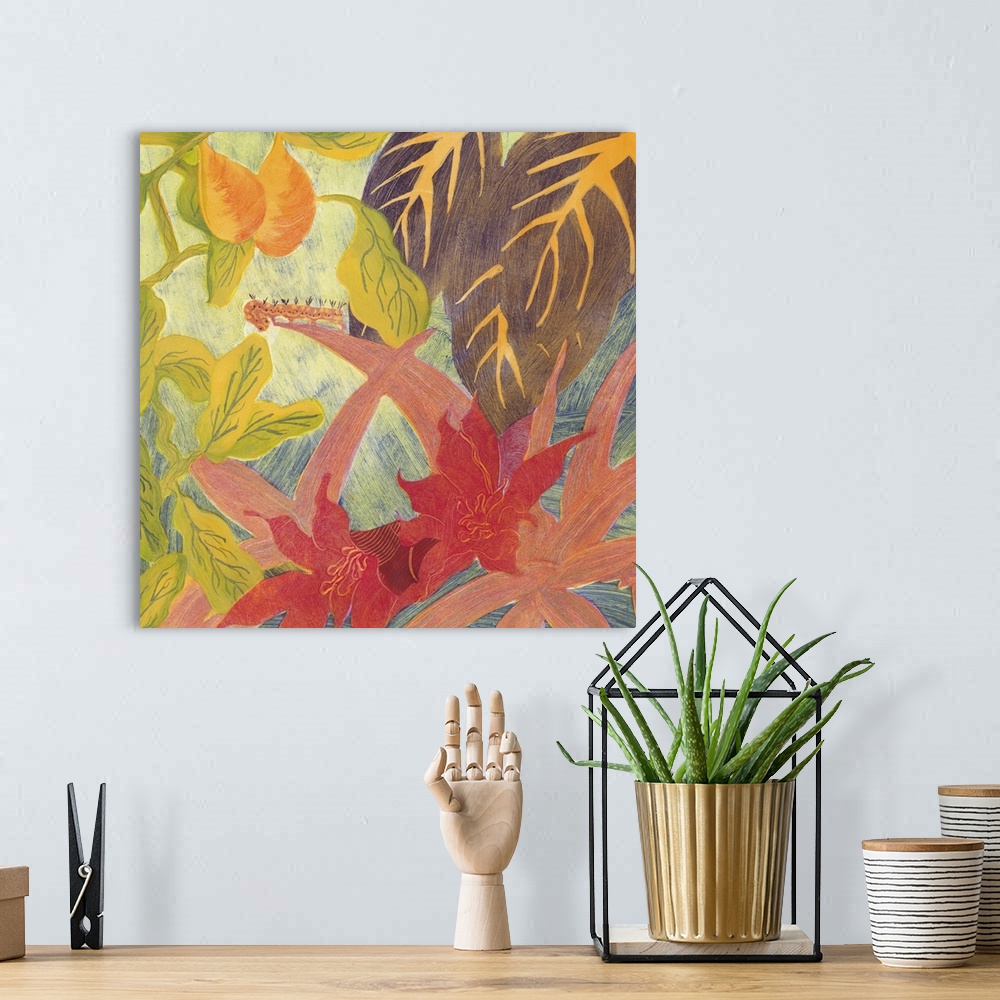 A bohemian room featuring Colorful artwork of a view of tropical plants in vibrant colors.