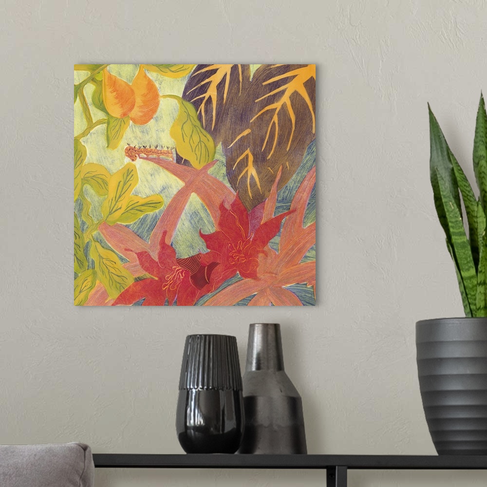 A modern room featuring Colorful artwork of a view of tropical plants in vibrant colors.