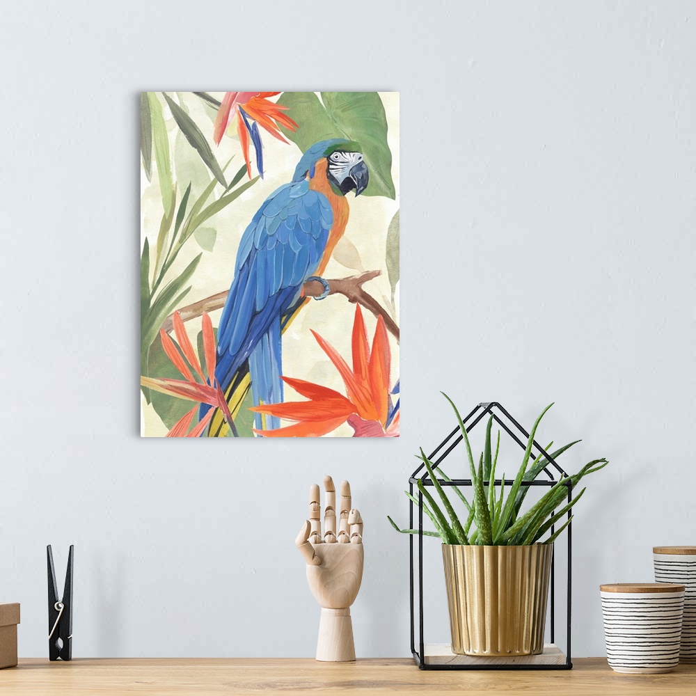 A bohemian room featuring Tropical Parrot Composition IV