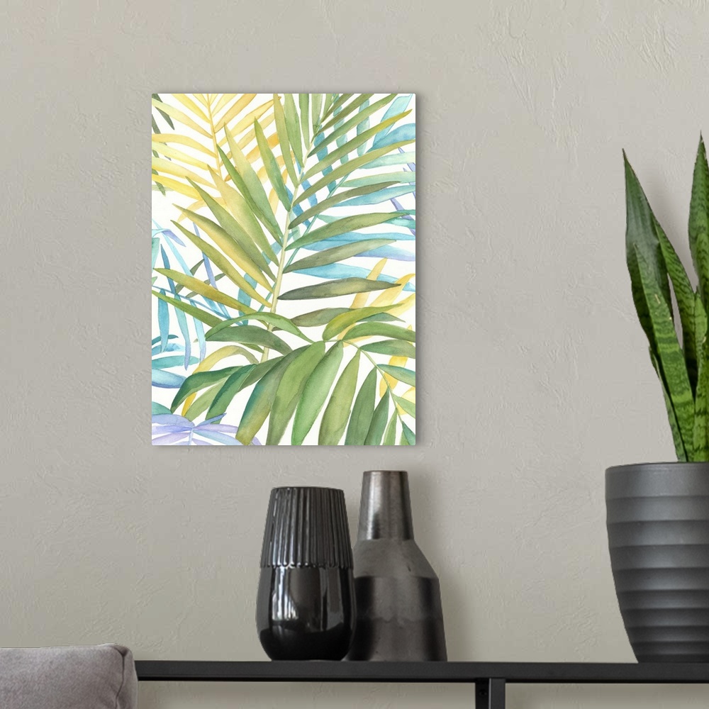 A modern room featuring Watercolor painting of several tropical leaves.