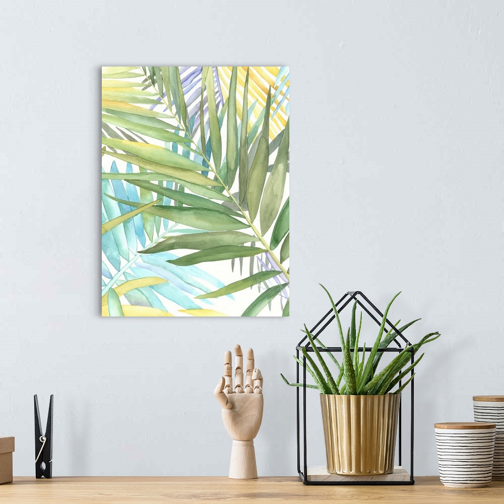 A bohemian room featuring Watercolor painting of several tropical leaves.