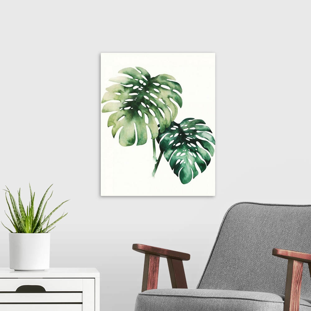 A modern room featuring Watercolor artwork of two broad green palm fronds.