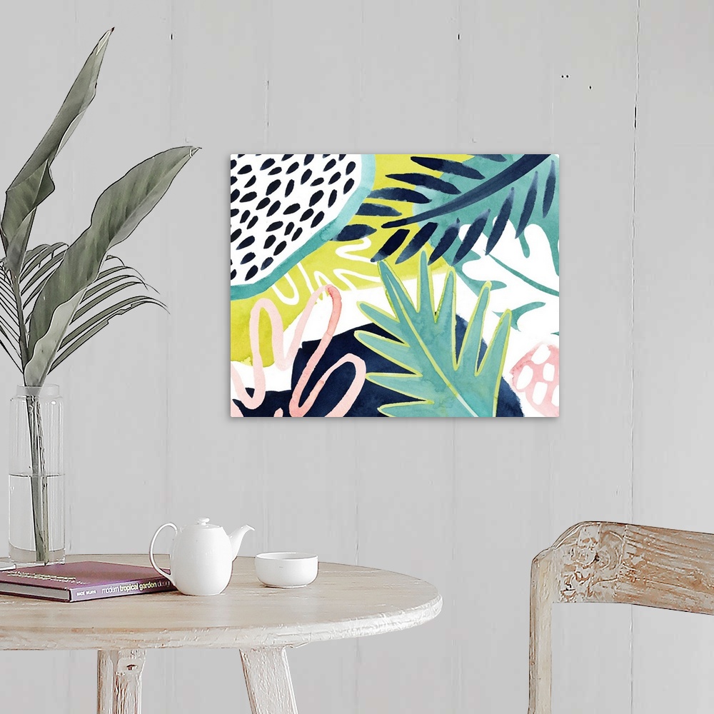 A farmhouse room featuring Bright tropical abstract leaf patterns on a white background.