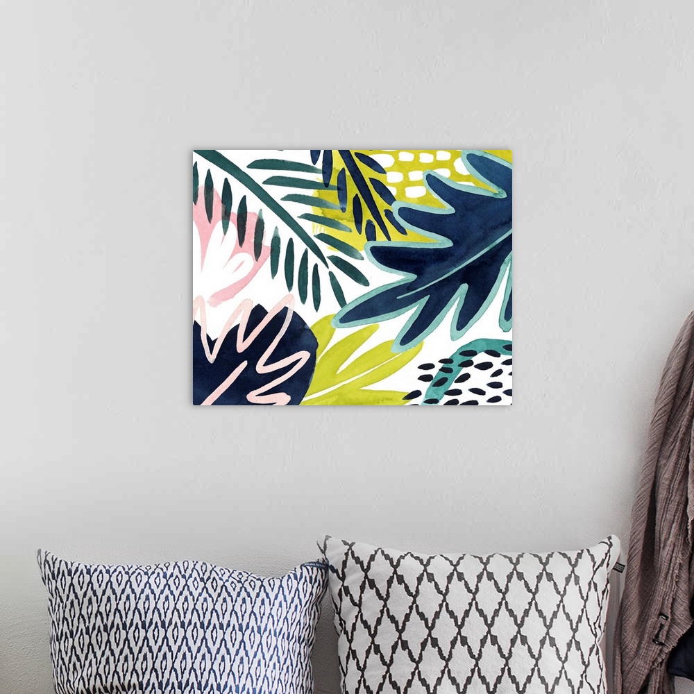 A bohemian room featuring Bright tropical abstract leaf patterns on a white background.
