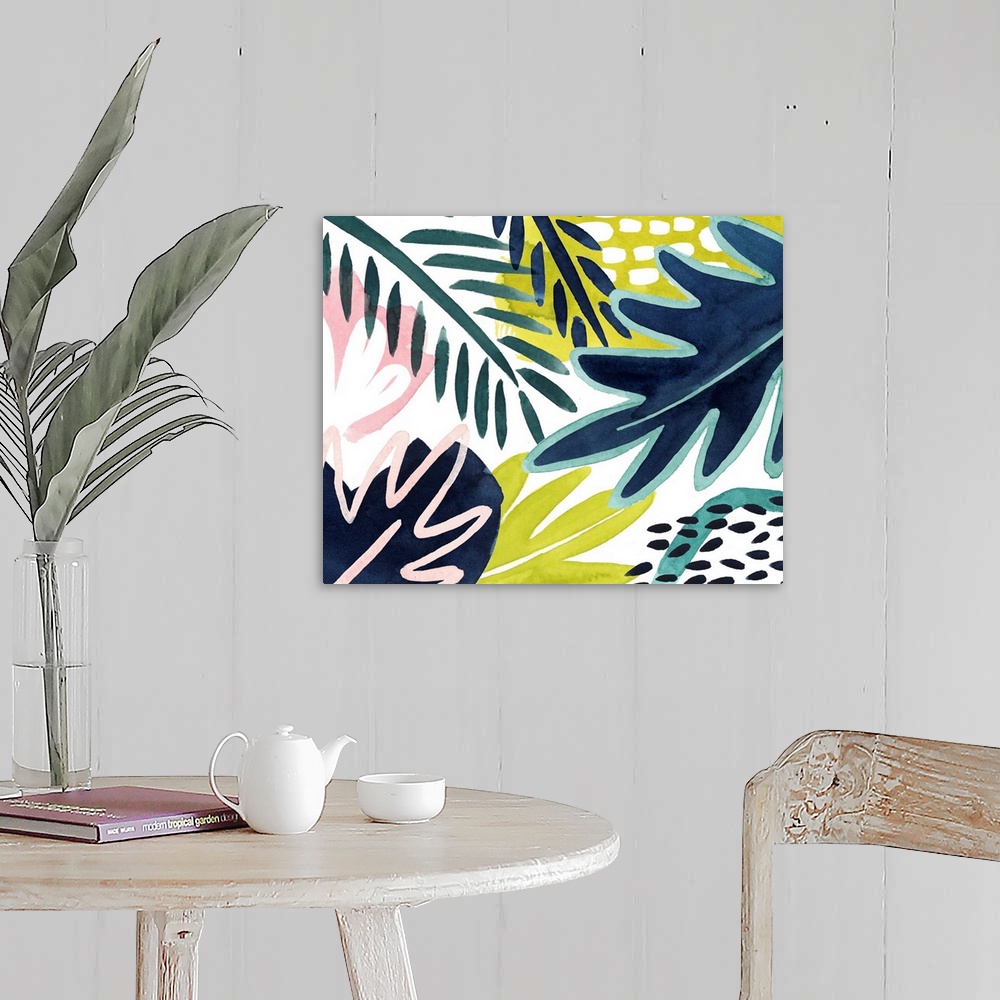 A farmhouse room featuring Bright tropical abstract leaf patterns on a white background.