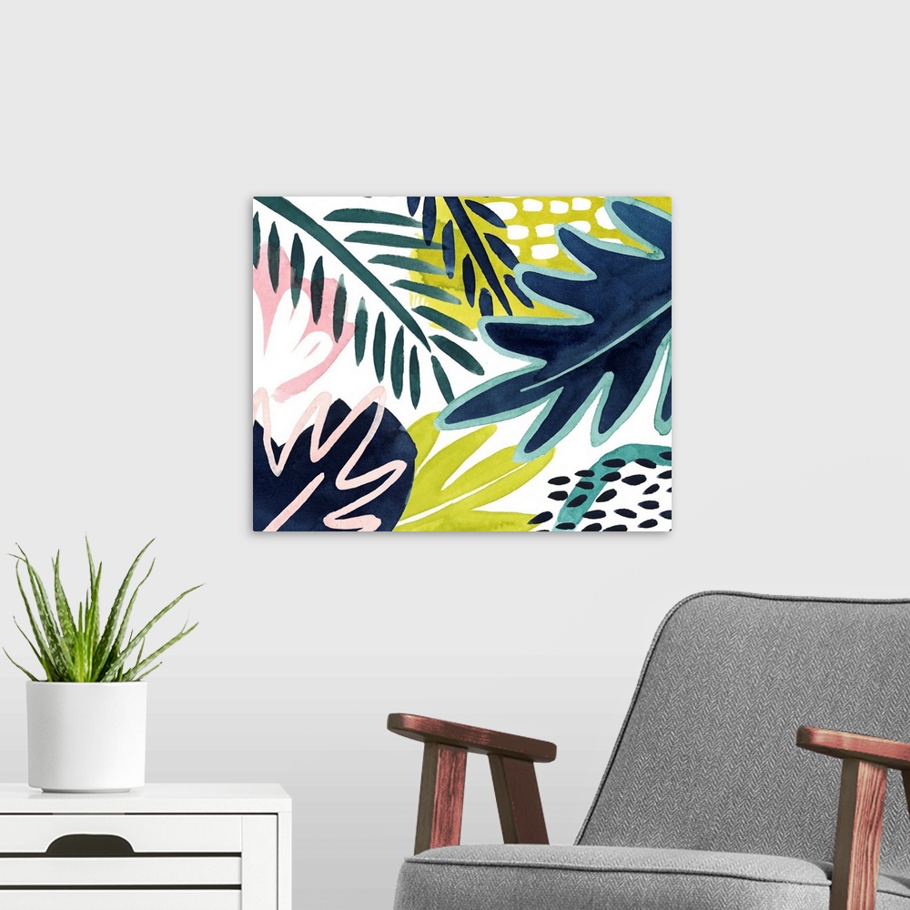 A modern room featuring Bright tropical abstract leaf patterns on a white background.