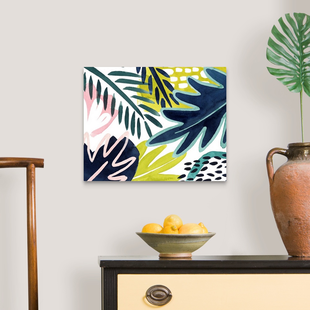 A traditional room featuring Bright tropical abstract leaf patterns on a white background.