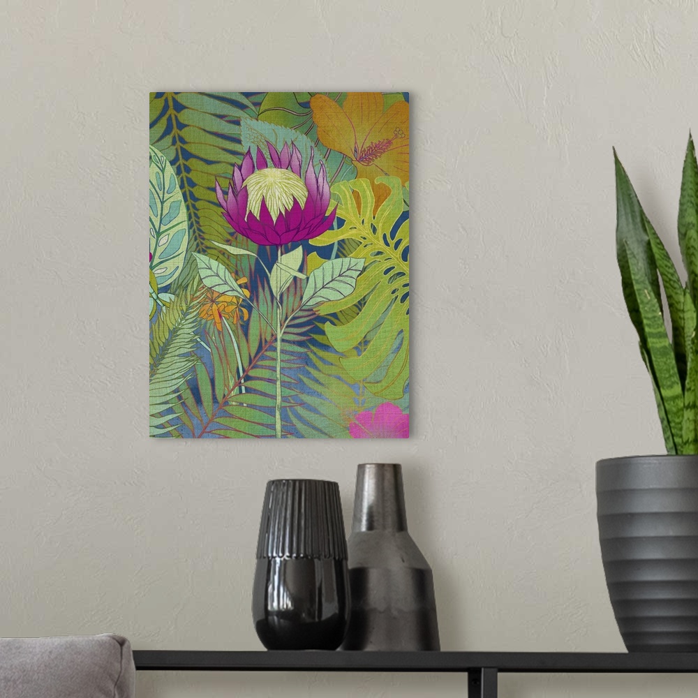 A modern room featuring Illustration of a colorful tropical plant blooming among green leaves.