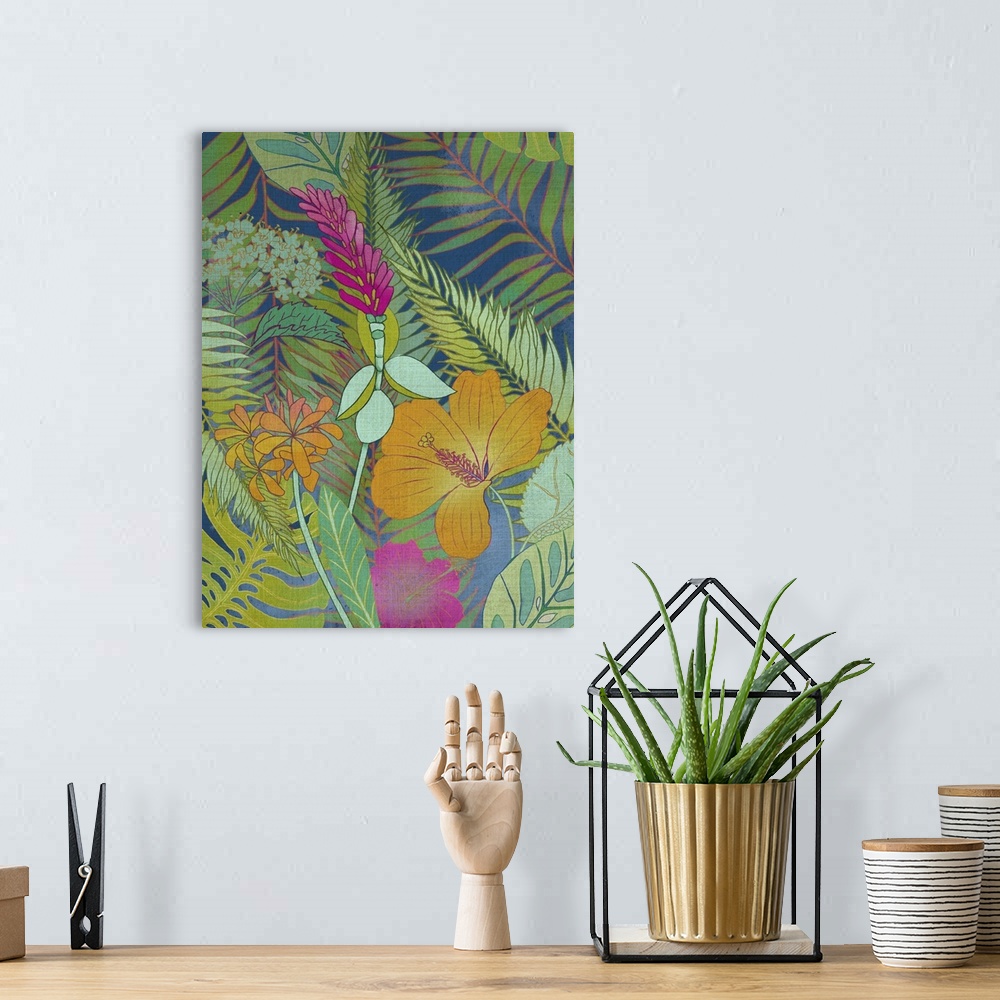 A bohemian room featuring Illustration of a colorful tropical plant blooming among green leaves.