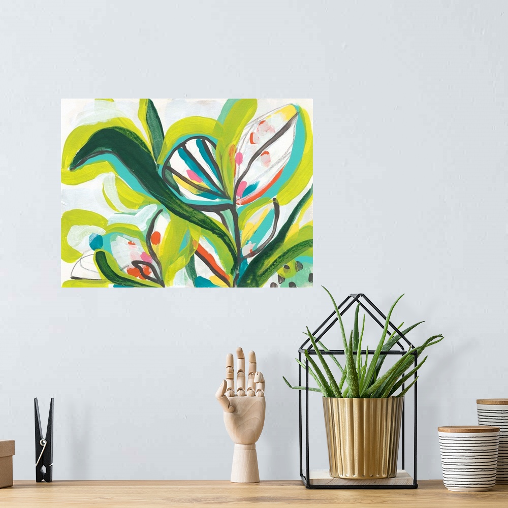 A bohemian room featuring Contemporary abstract painting with tropical floral shapes in vibrant green hues.