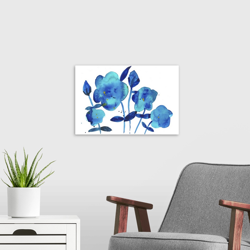 A modern room featuring Watercolor silhouettes of flowers in bright blue.