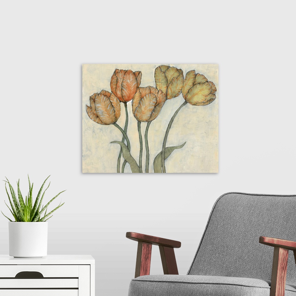 A modern room featuring Tulip Floral Study I