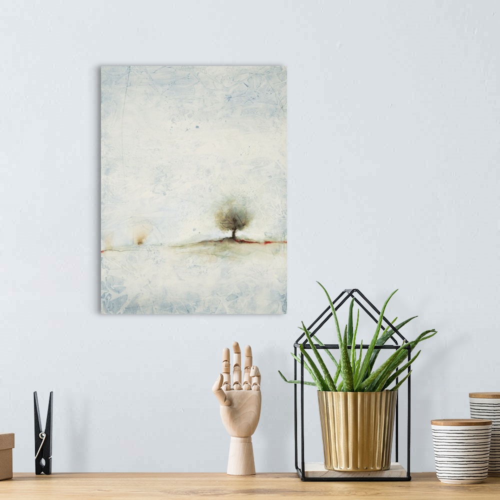 A bohemian room featuring Pastel landscape painting of a tree in the misty countryside.