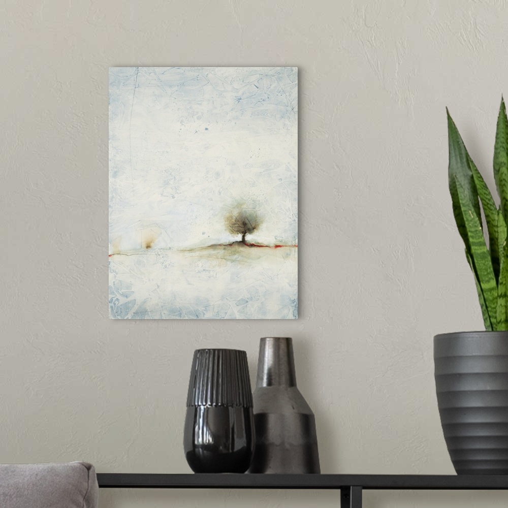 A modern room featuring Pastel landscape painting of a tree in the misty countryside.