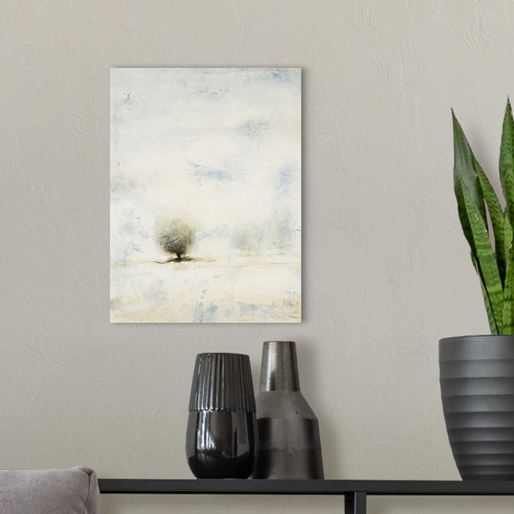 A modern room featuring Pastel landscape painting of a tree in the misty countryside.