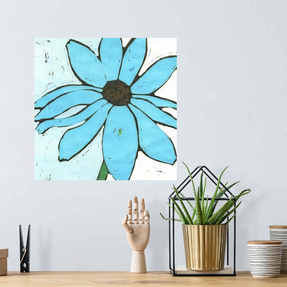 A bohemian room featuring Contemporary painting of a blue flower.