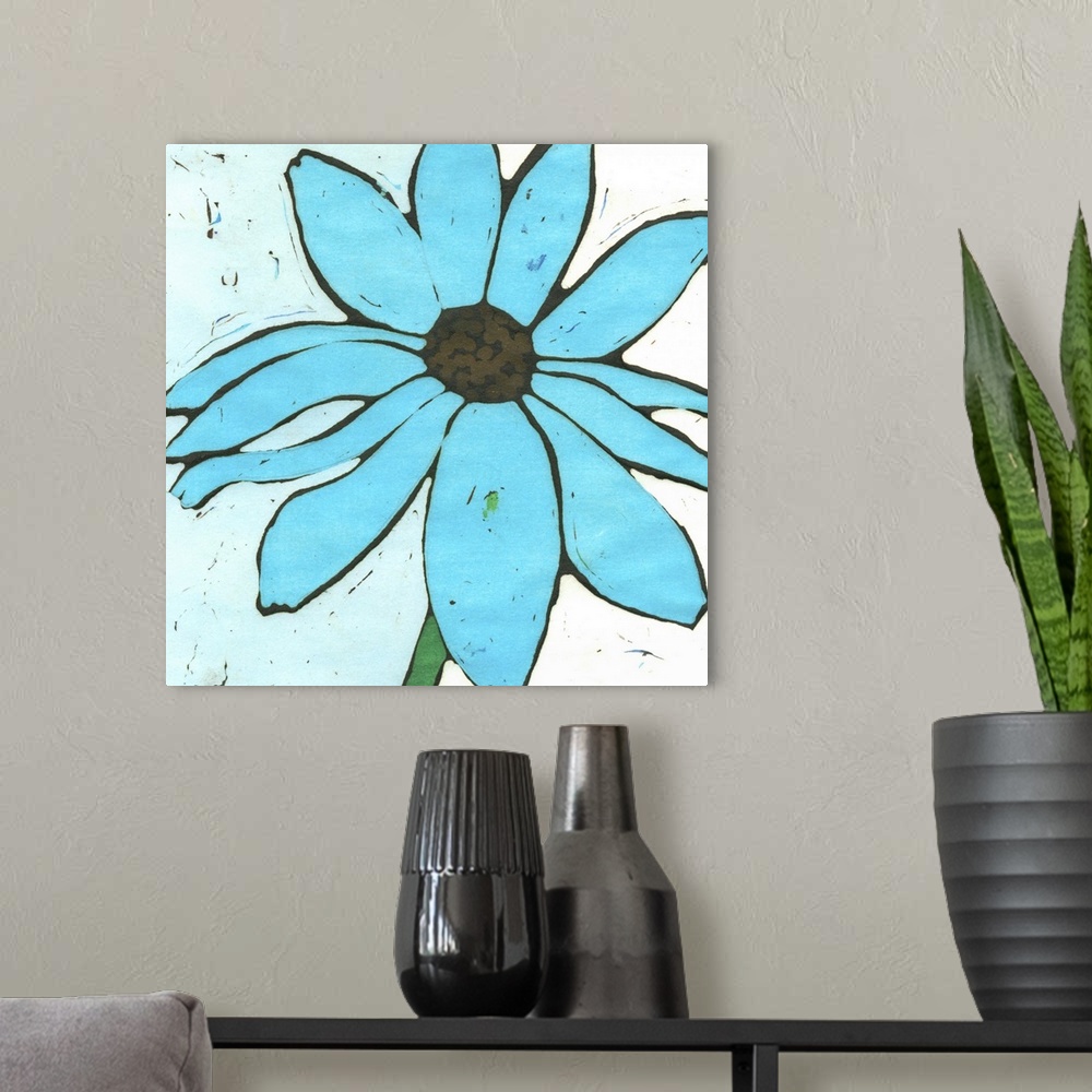 A modern room featuring Contemporary painting of a blue flower.