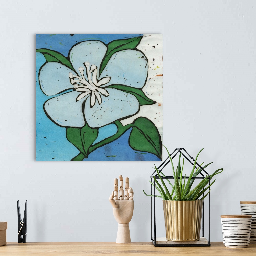 A bohemian room featuring Contemporary painting of a blue and green flower against a blue and green geometric background.