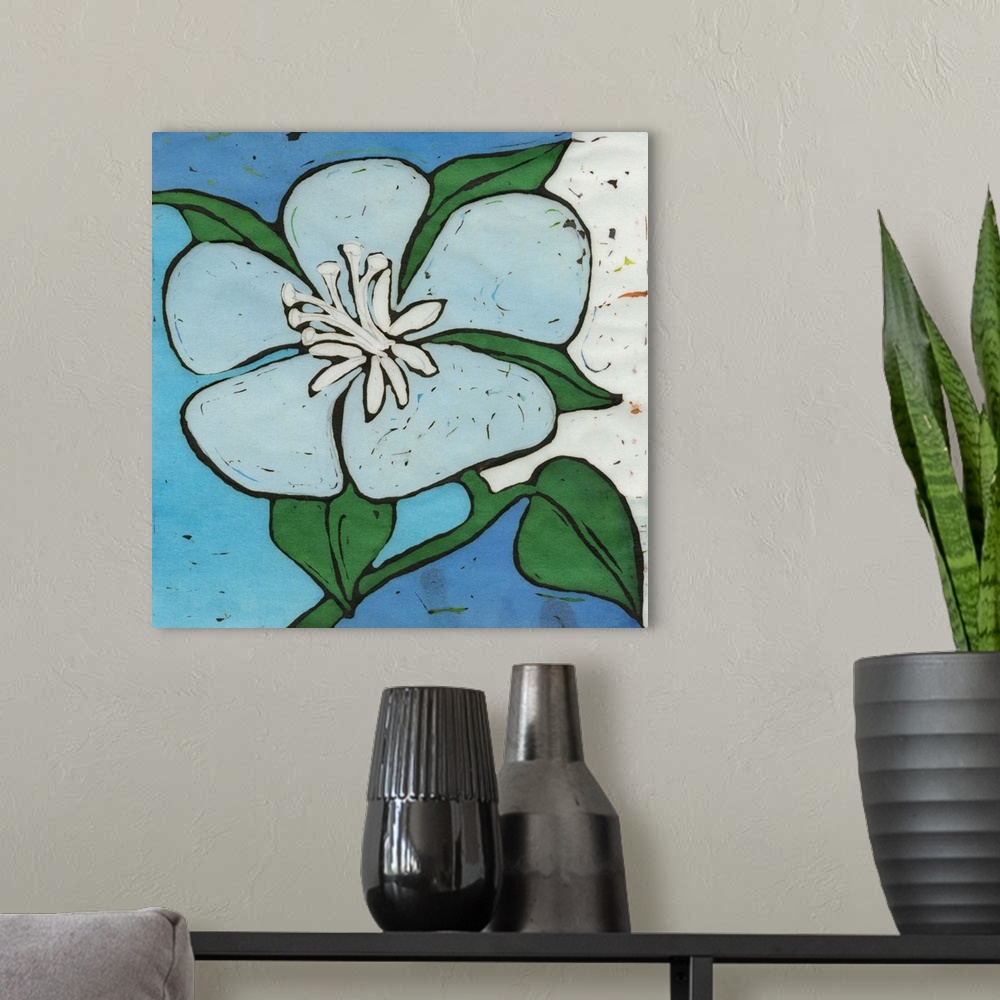 A modern room featuring Contemporary painting of a blue and green flower against a blue and green geometric background.