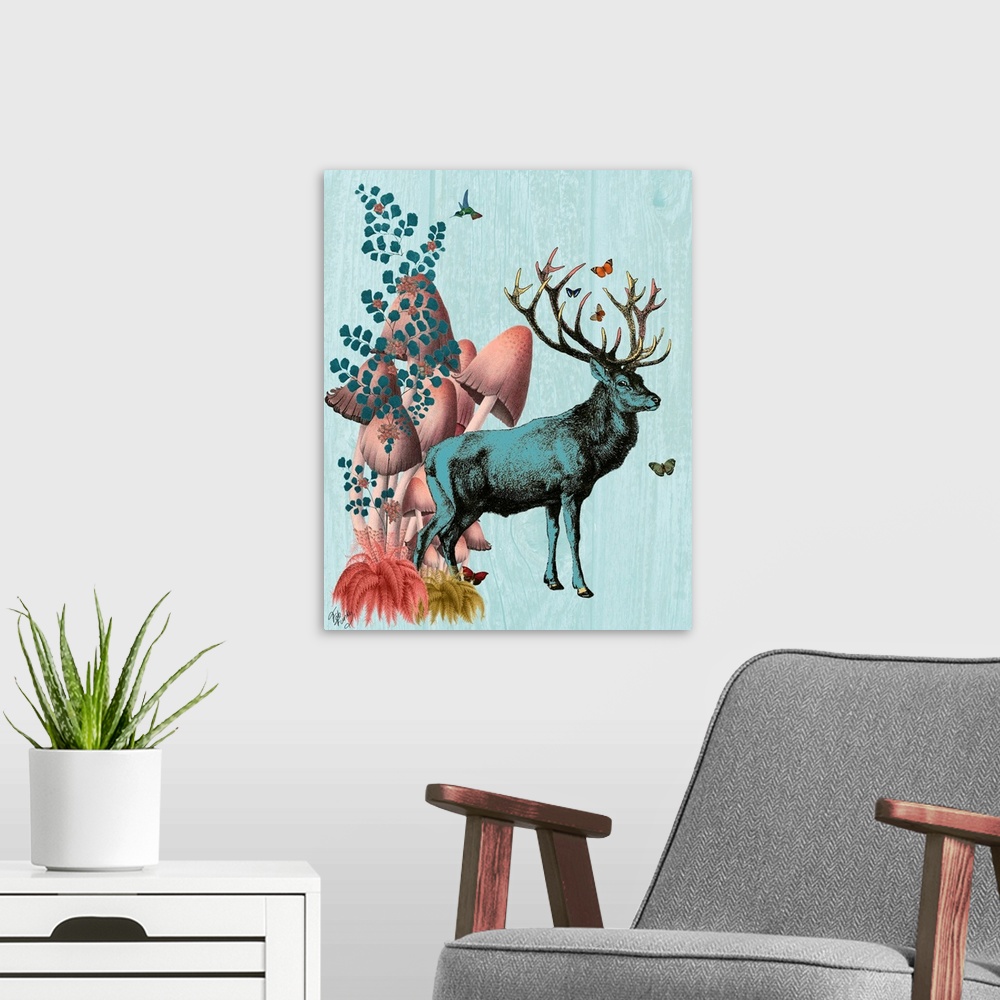 A modern room featuring Turquoise Deer In Mushroom Forest