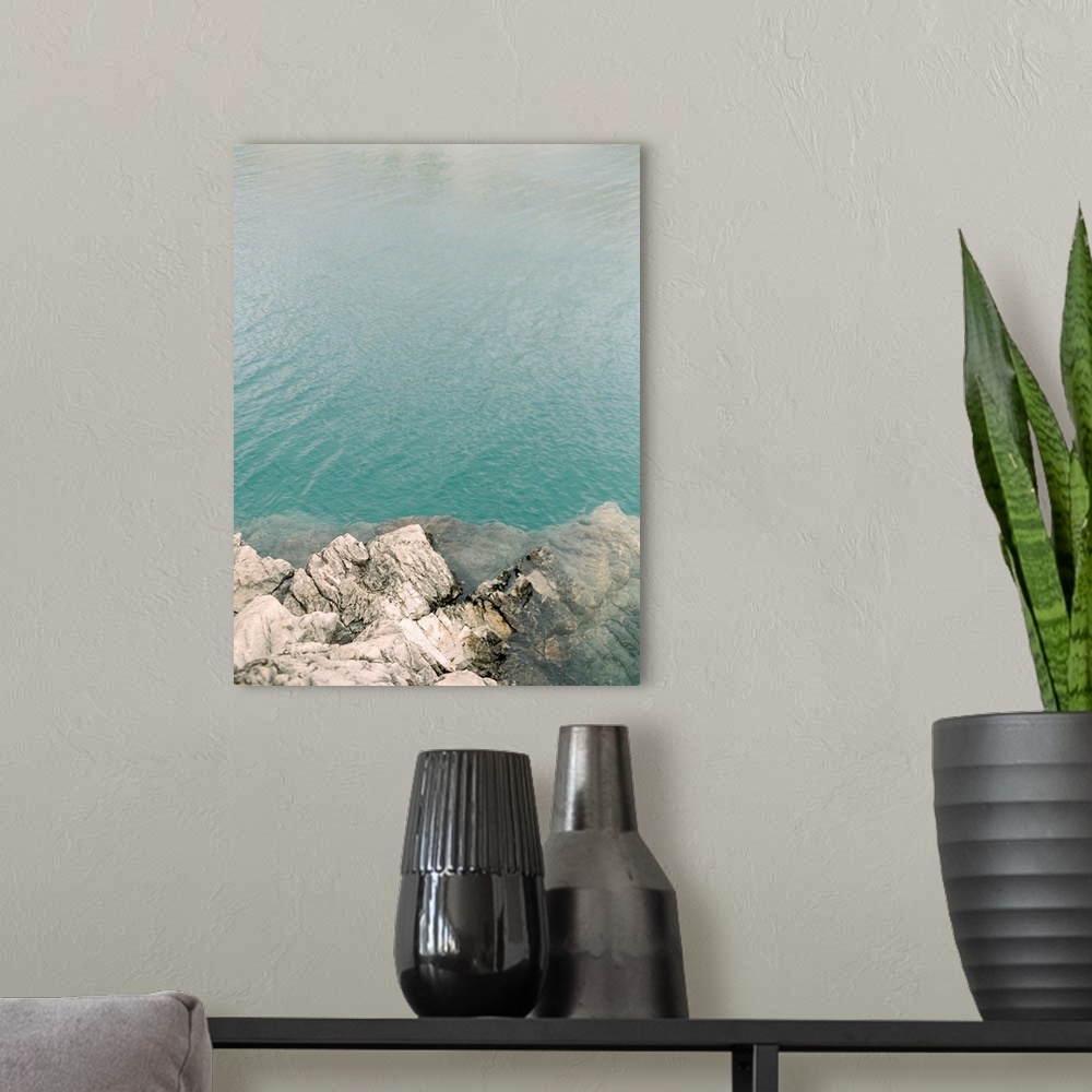 A modern room featuring Overhead photograph of the clear blue waters, Banff, Canada.