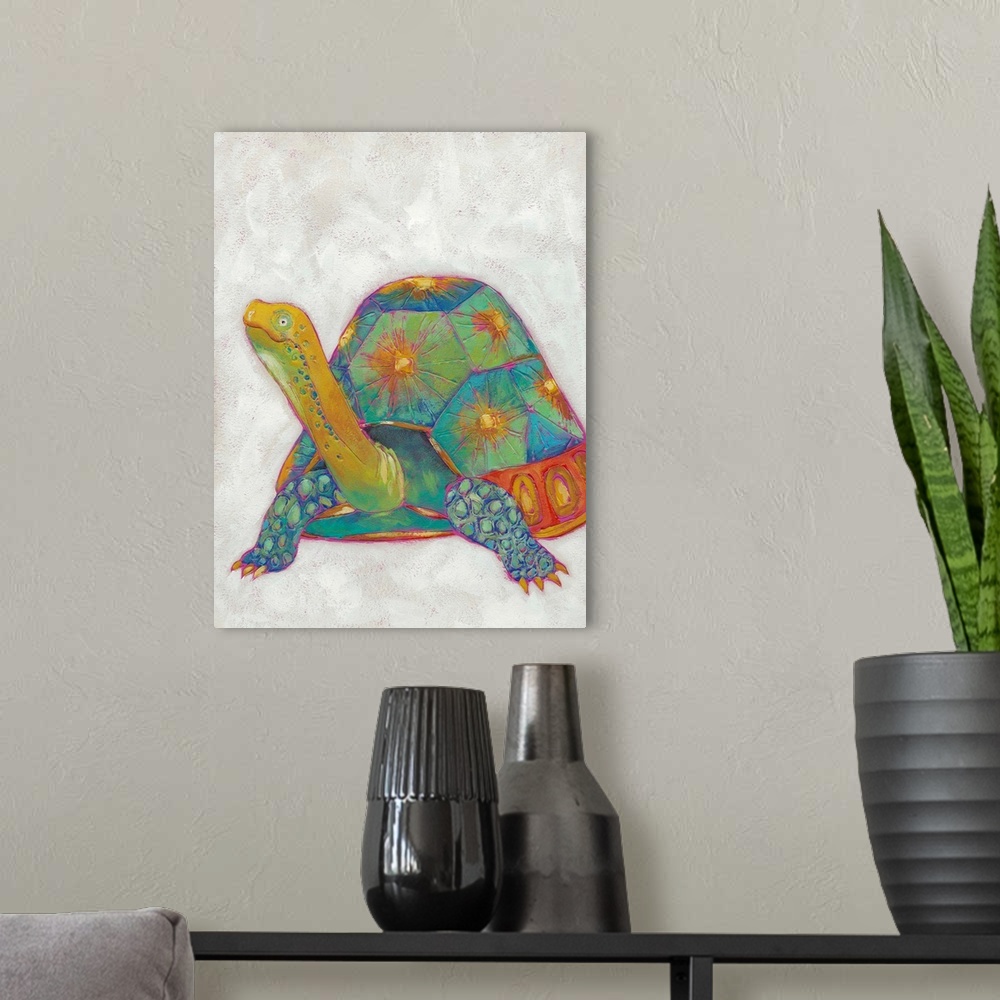 A modern room featuring Children's illustration of a friendly turtle in shades of teal and orange.