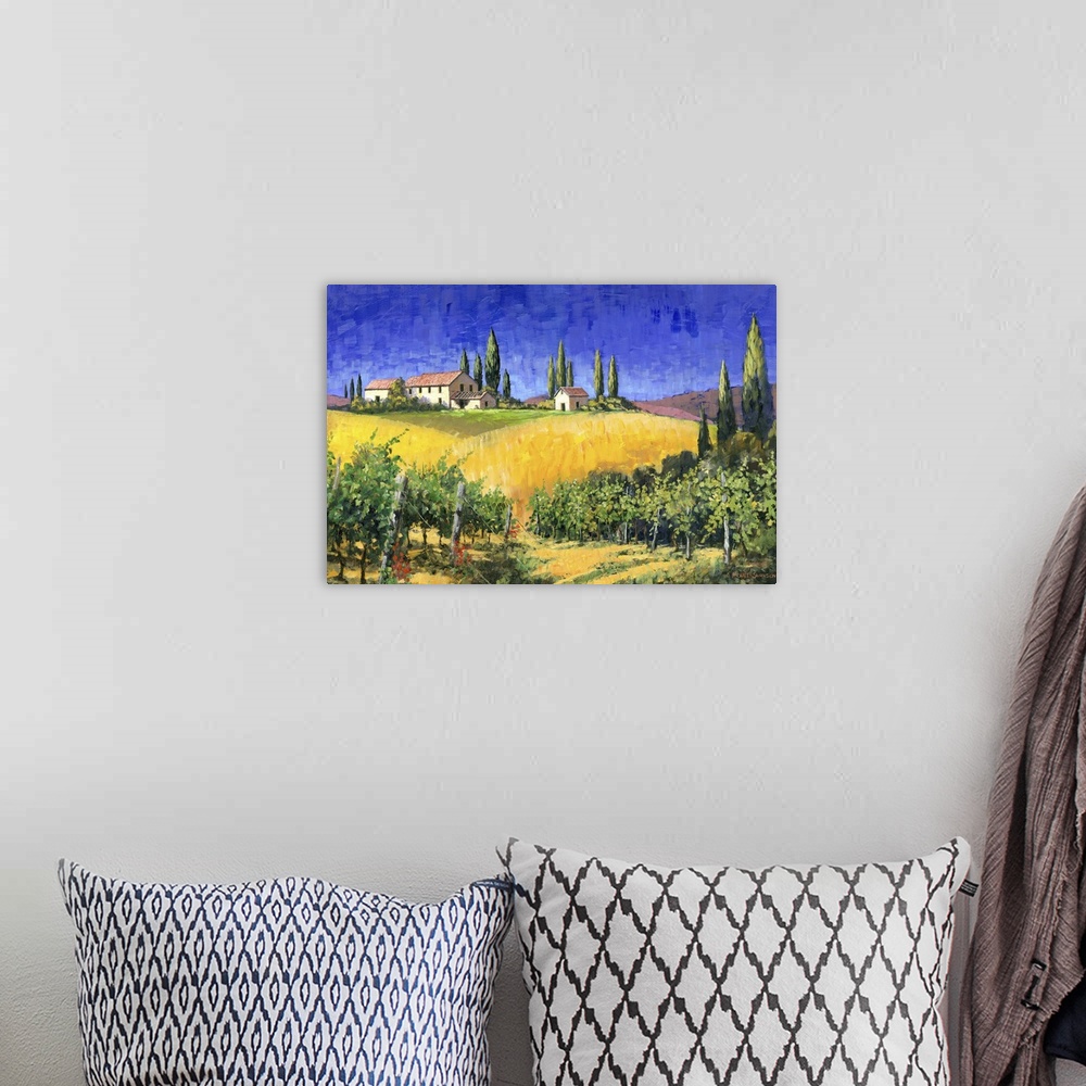 A bohemian room featuring Contemporary Tuscan landscape painting.