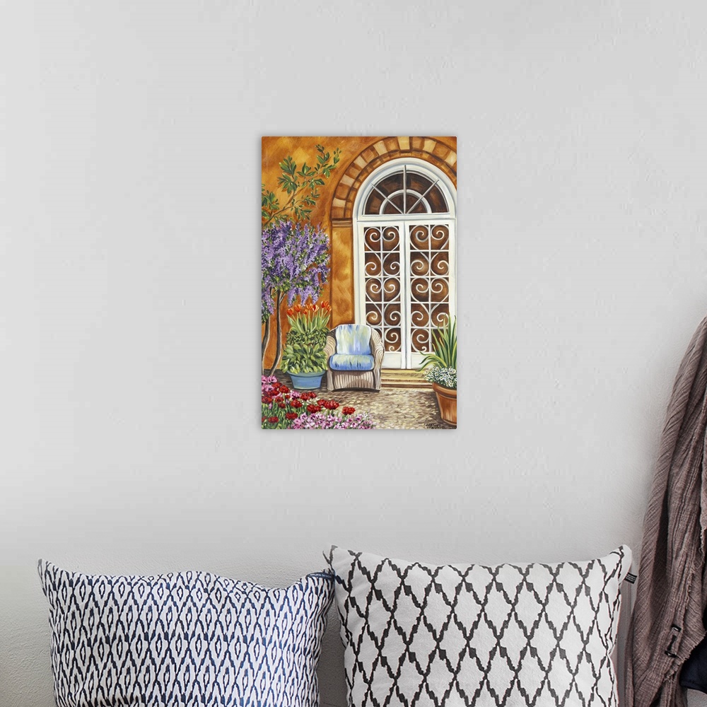 A bohemian room featuring Contemporary painting of a Mediterranean patio with a decorative door and several potted plants.